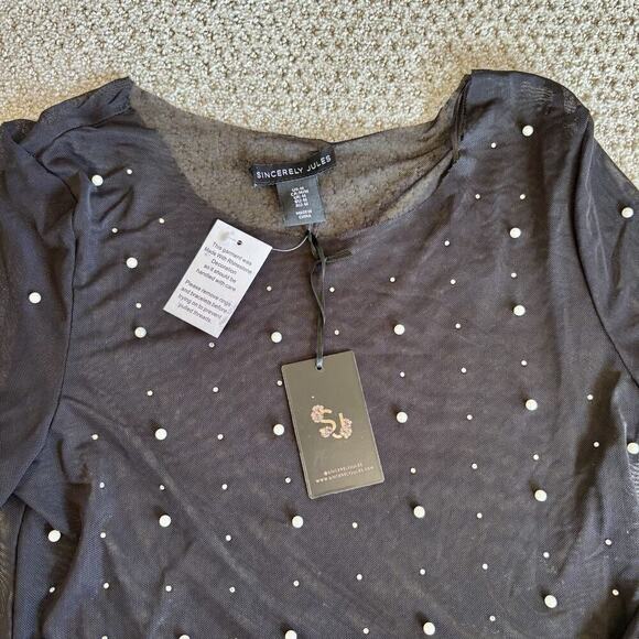 Womens Rhinestone Pearl Mesh See-through Long Sleeve Crop Tops Blouse Shirt Med - Picture 2 of 8